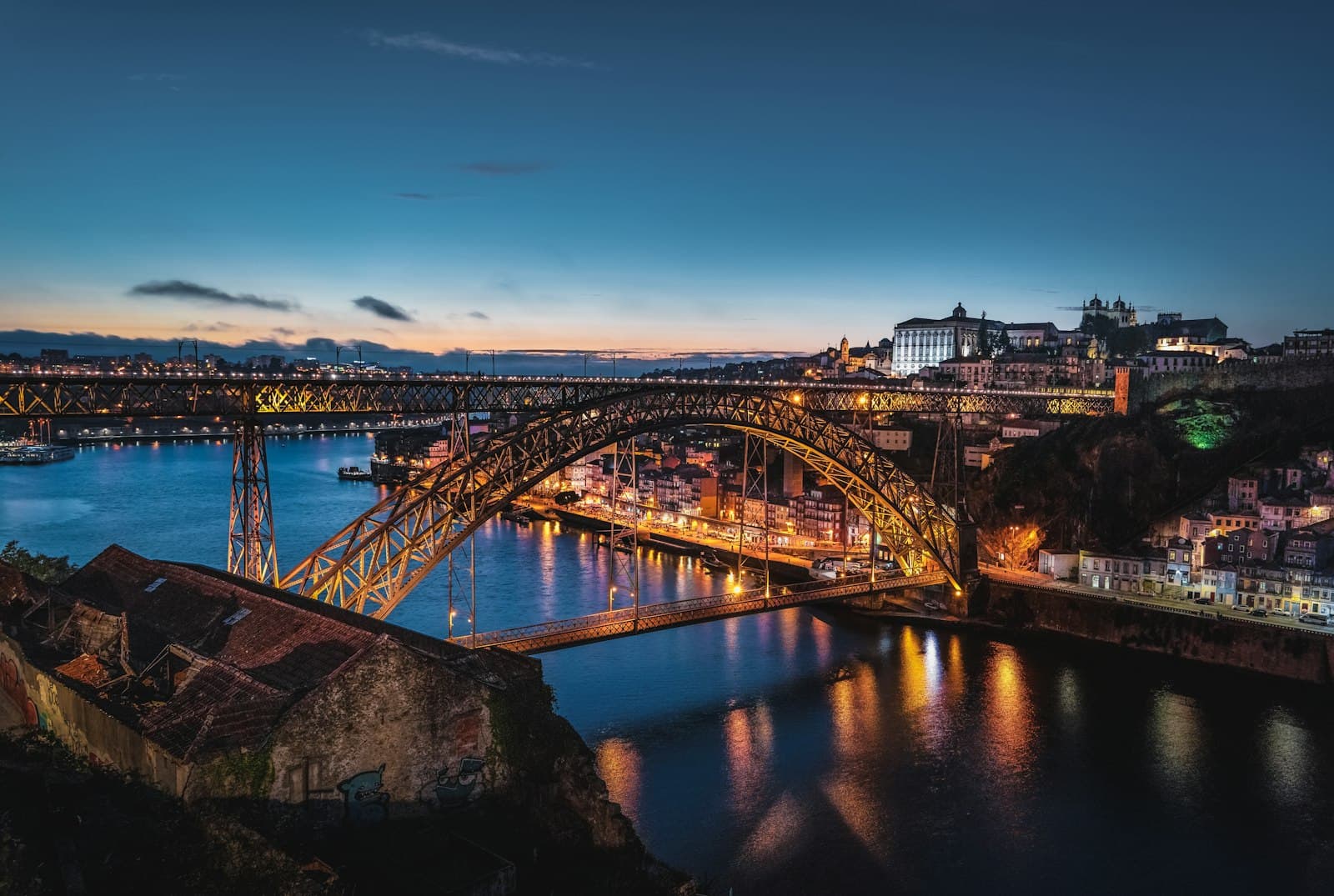 The illuminated Dom Luís I bridge over the Douro in Porto at dusk